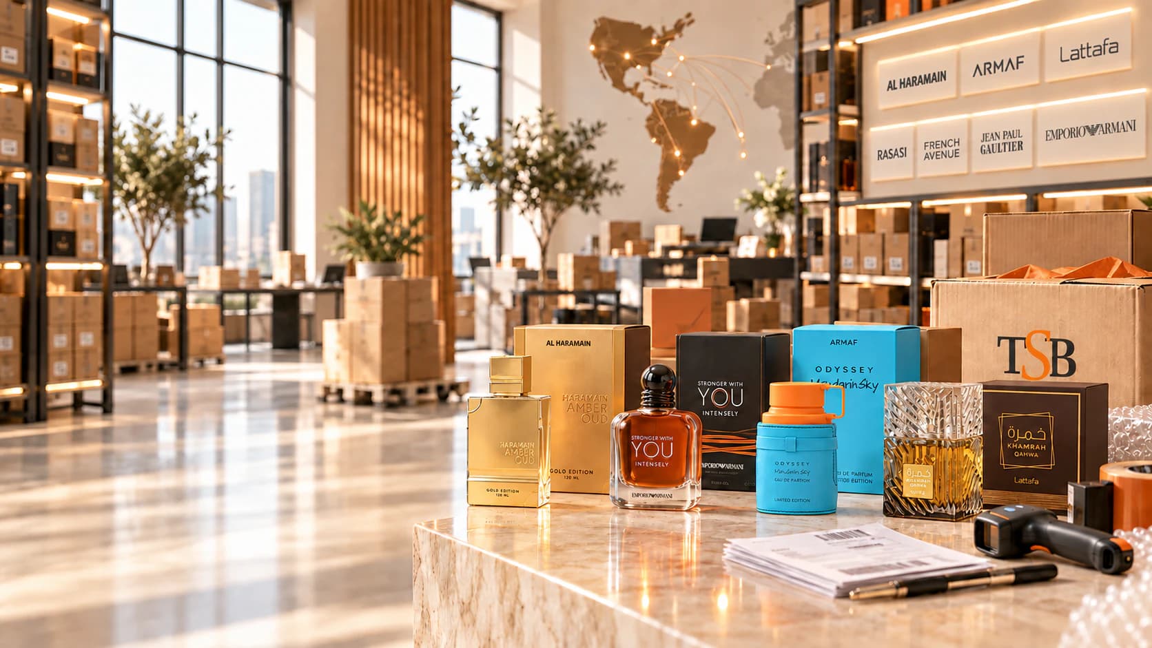The Scent Bridge wholesale fragrance selection in the distribution showroom